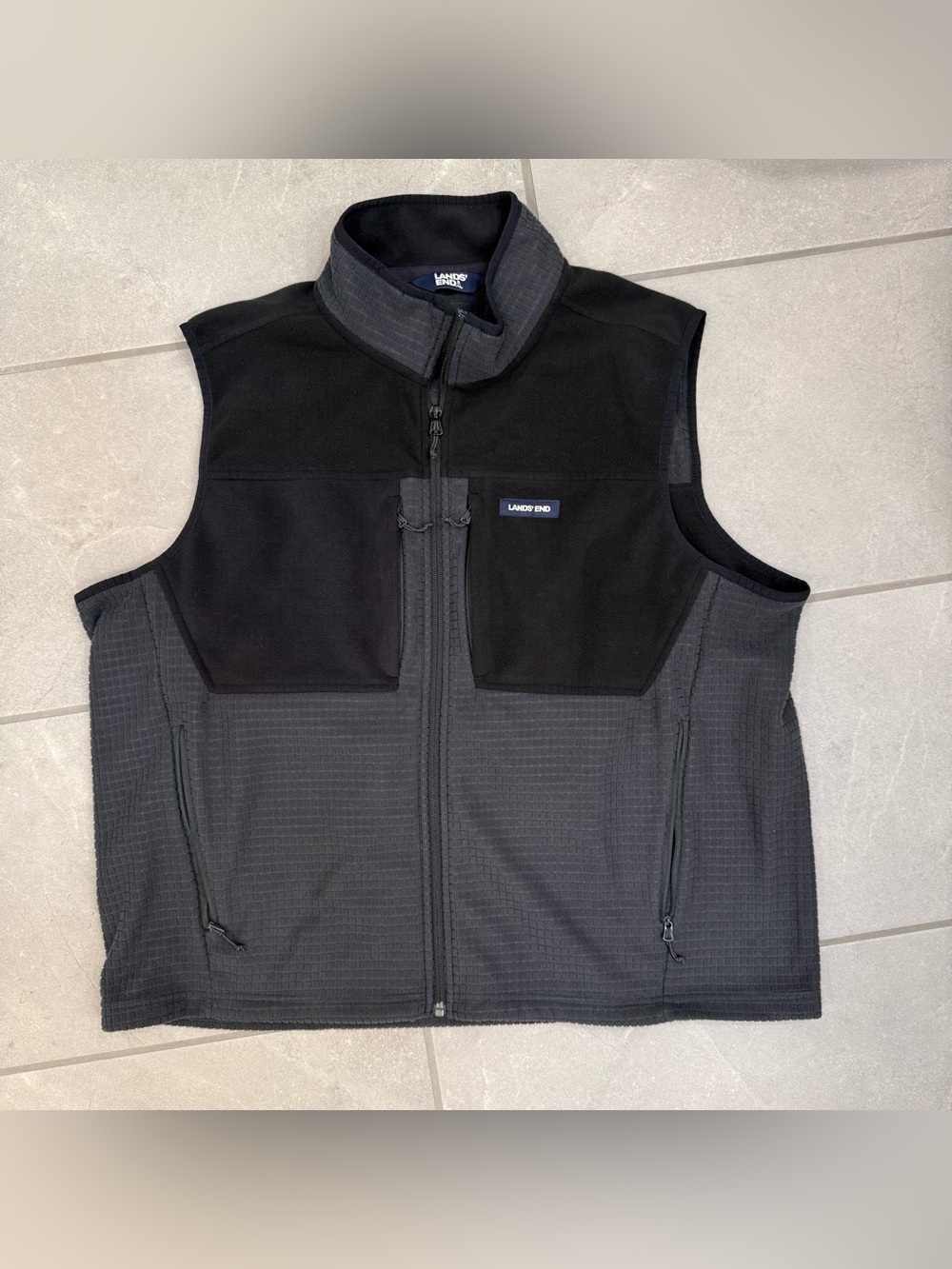 Lands' End Men's Black and Charcoal Grid Fleece Vest